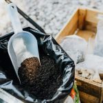 Close-up of gardening essentials with soil scoop, bag, and wooden box in garden setting.