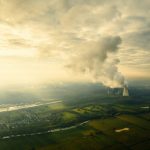an aerial view of a power plant emitting smoke