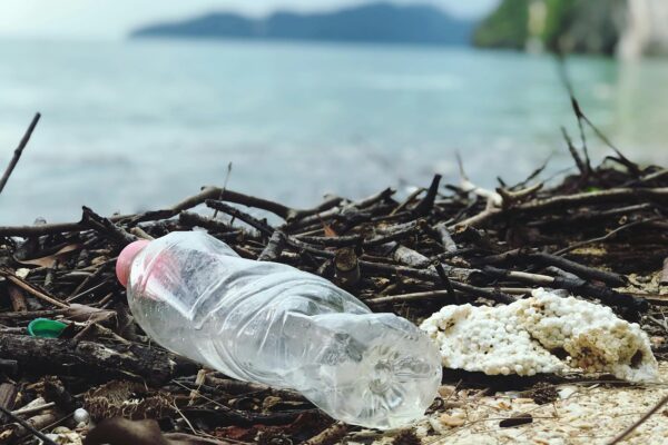 Discarded plastic bottle on a Malaysian beach, highlighting environmental pollution.