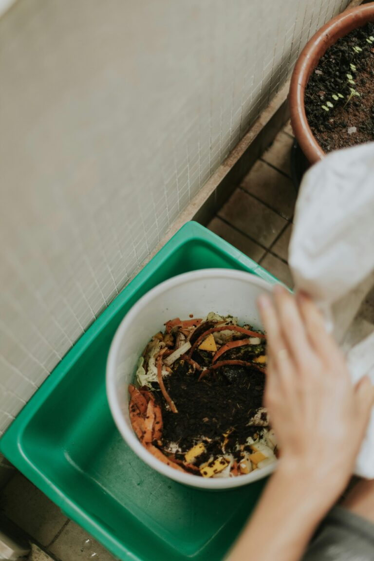 View of hands adding food scraps to a compost bin with visible soil.