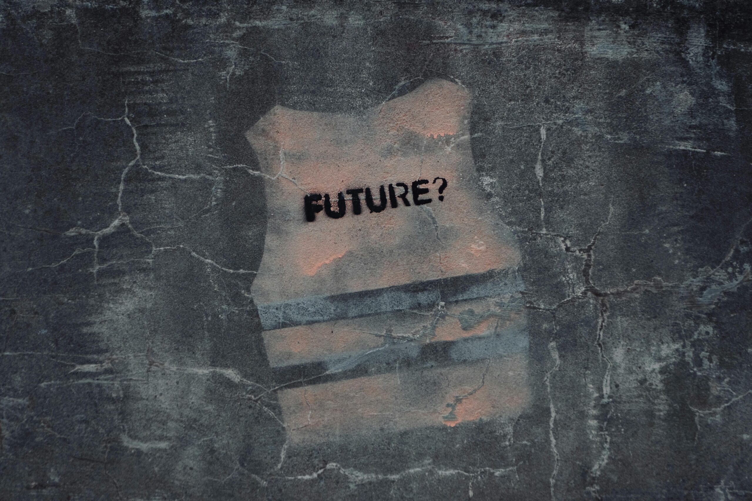 Street art in Venice with text 'FUTURE?' on cracked concrete wall.