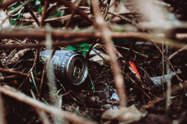 Close-up of a discarded can and trash in the underbrush, highlighting urban waste in nature.