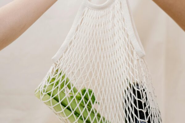 Hands holding a mesh bag filled with fresh vegetables, promoting sustainable shopping practices.