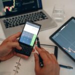 A workspace with devices, charts, and a calculator used for trading analysis.