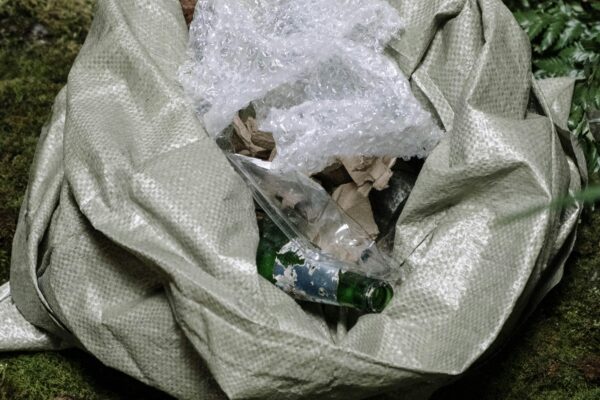 Bag filled with litter on mossy forest floor, highlighting environmental awareness.