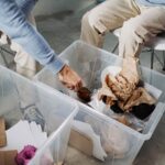 Close-up of hands sorting recyclable materials in clear plastic boxes indoors.