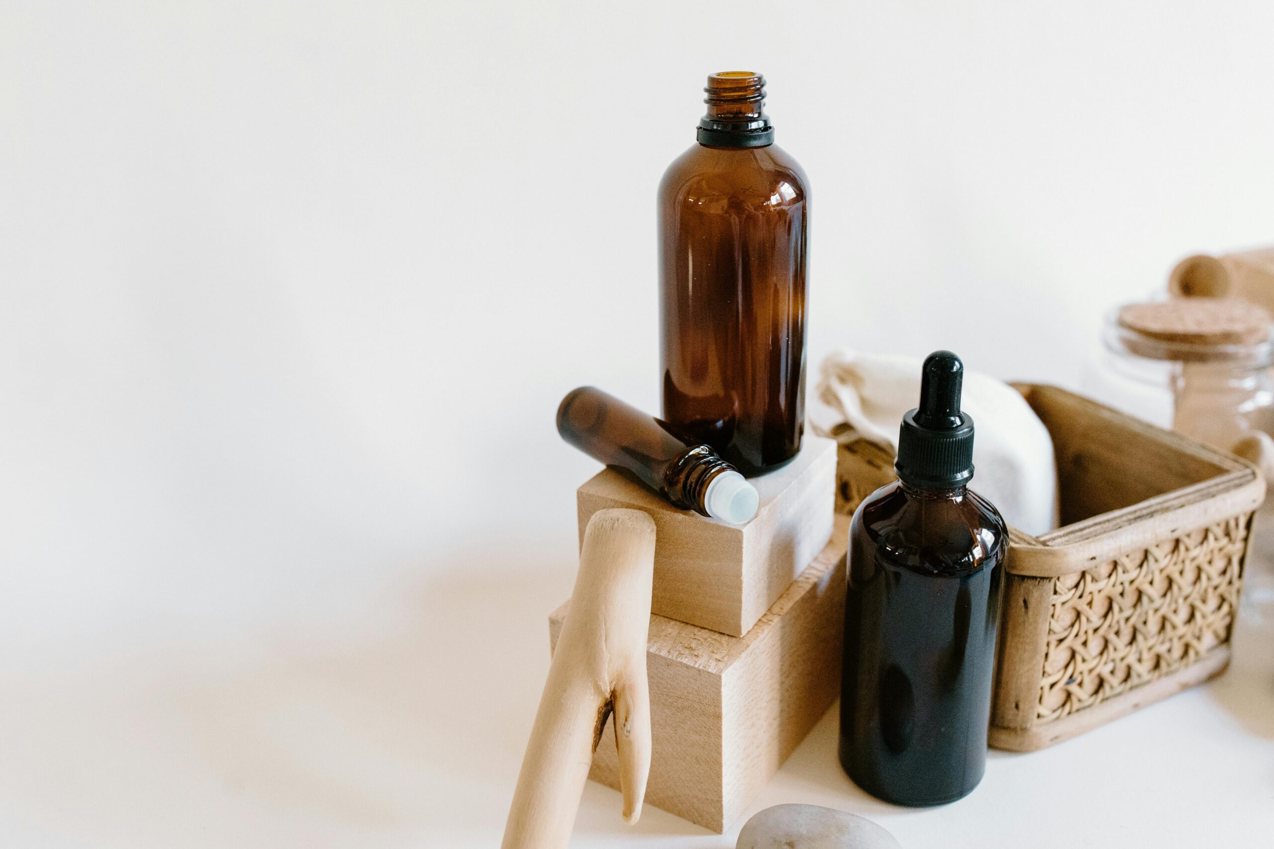Brown glass bottles for essential oils, perfect for aromatherapy and natural healing.