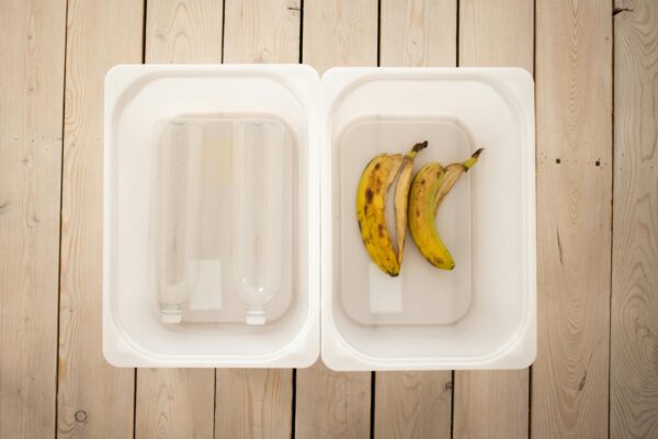 Empty plastic bottles and banana peels sorted in containers for recycling and composting.