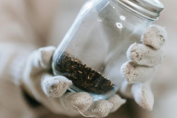 Hands in gloves holding a glass jar containing soil, emphasizing texture and detail in a close-up, blurred background.