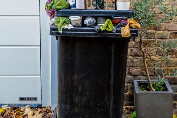 black trash bin with green leaves